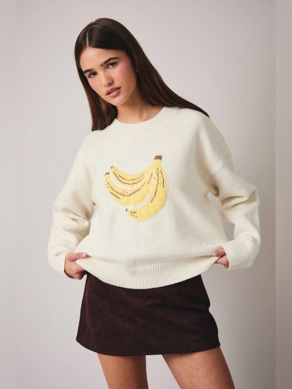 Cream Crewneck Sweater with Yellow Banana Motif